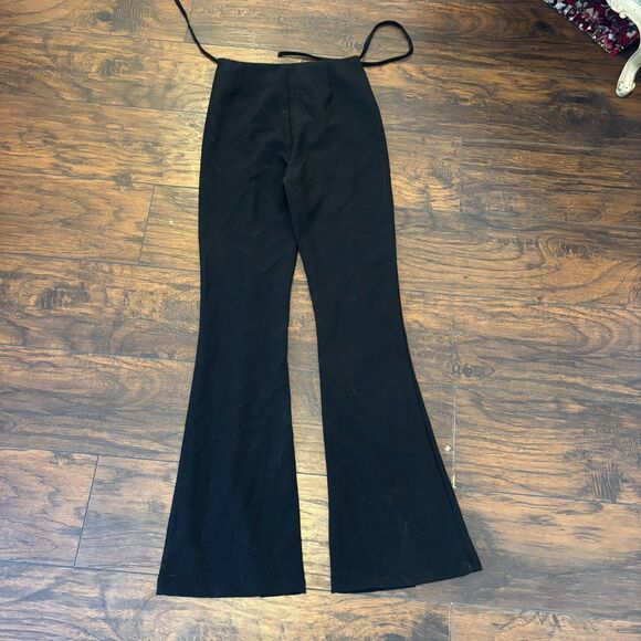 Zara size Medium Stretch Neutral Black Tie Waist Split Hem Kick Flare Pants - Picture 2 of 7
